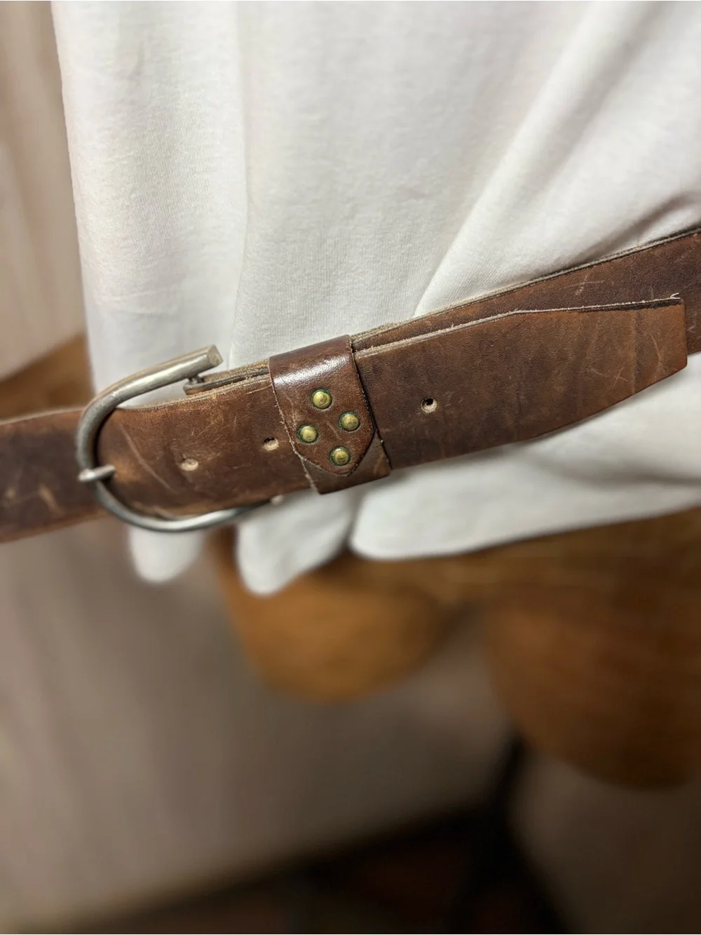 Vintage Distressed Brown Leather O-Ring Belt Genuine Leather